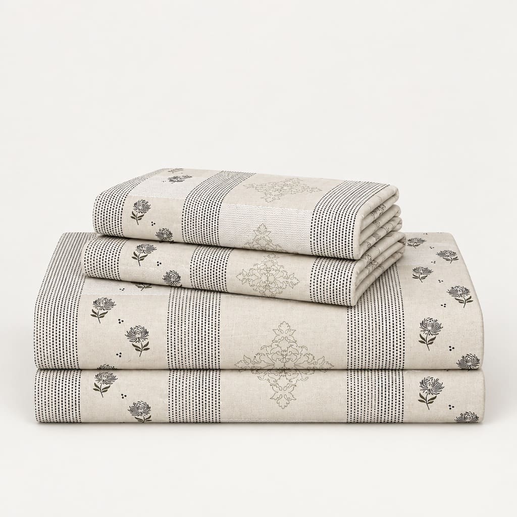 Nerine Beige Floral Stripe 250TC Cotton Percale Super King Bed Sheet - Home Artisan