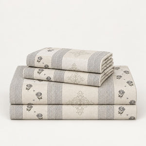 Nerine Beige Floral Stripe 250TC Cotton Percale Super King Bed Sheet - Home Artisan