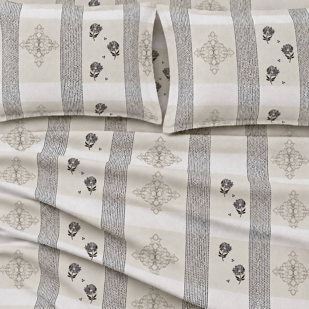 Nerine Beige Floral Stripe 250TC Cotton Percale Super King Bed Sheet - Home Artisan