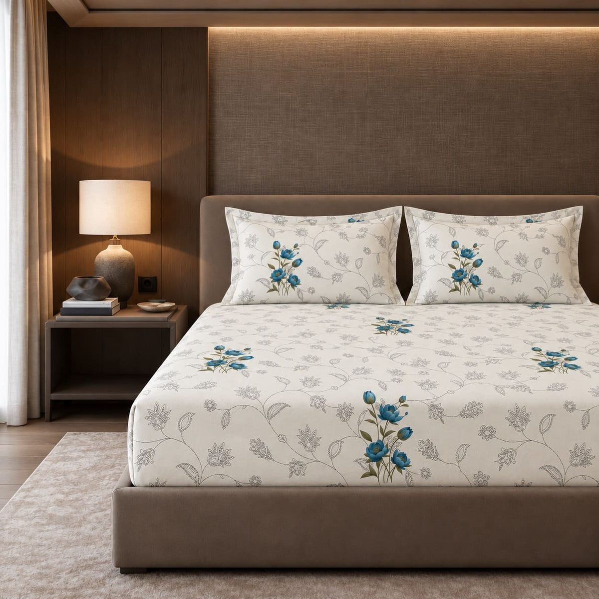 Rosella Teal Botanical 250TC Cotton Percale Super King Bed Sheet - Home Artisan
