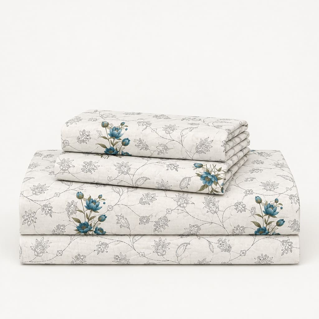Rosella Teal Botanical 250TC Cotton Percale Super King Bed Sheet - Home Artisan