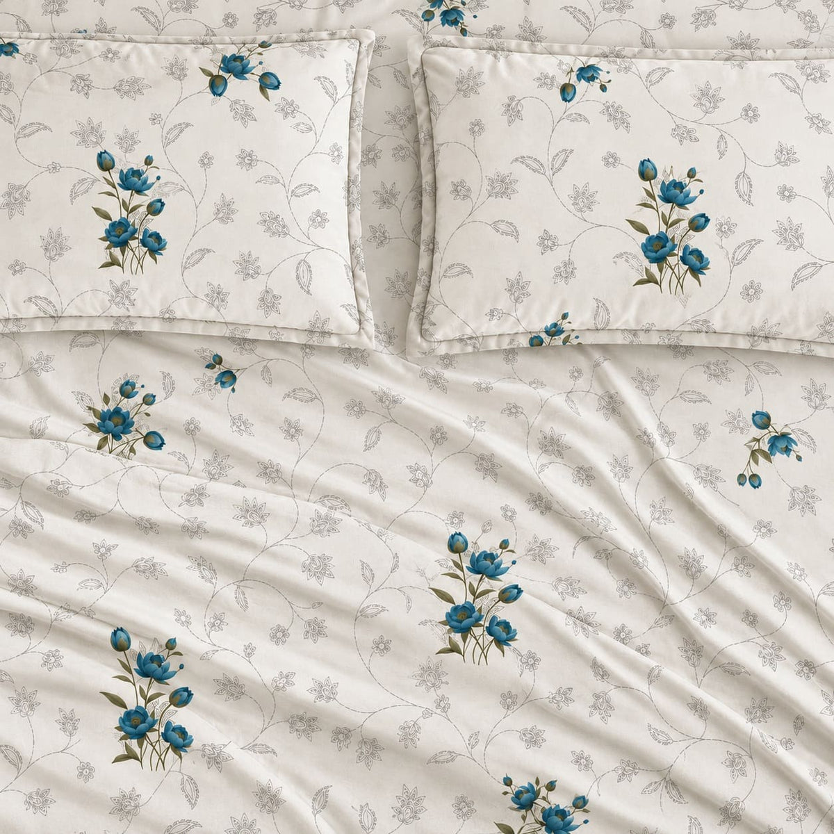 Rosella Teal Botanical 250TC Cotton Percale Super King Bed Sheet - Home Artisan