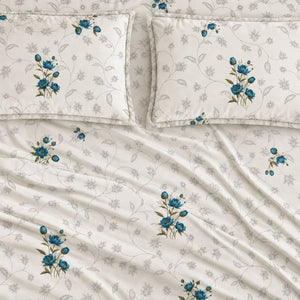 Rosella Teal Botanical 250TC Cotton Percale Super King Bed Sheet - Home Artisan