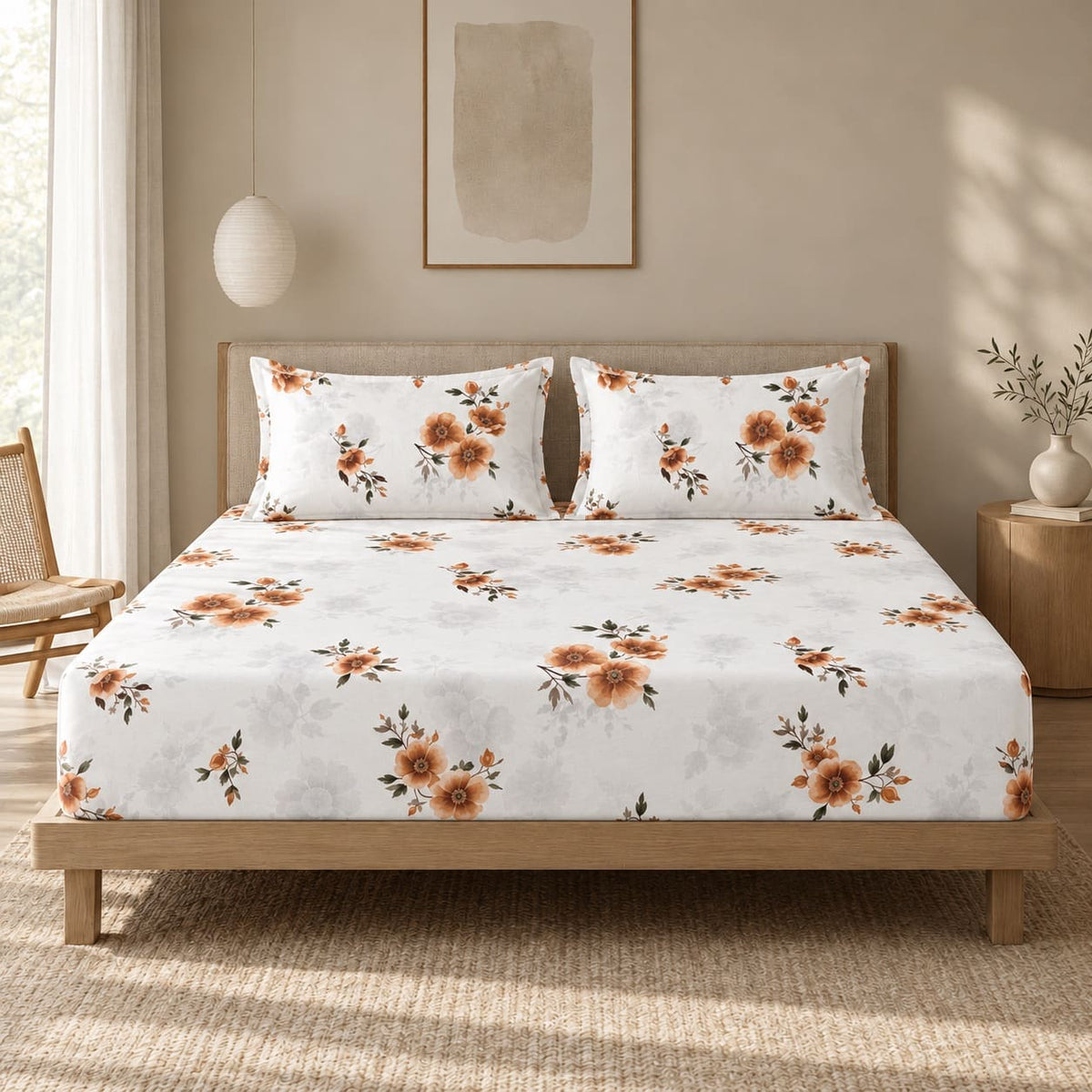 Nigella Apricot Floral 250TC Cotton Percale Super King Bed Sheet - Home Artisan