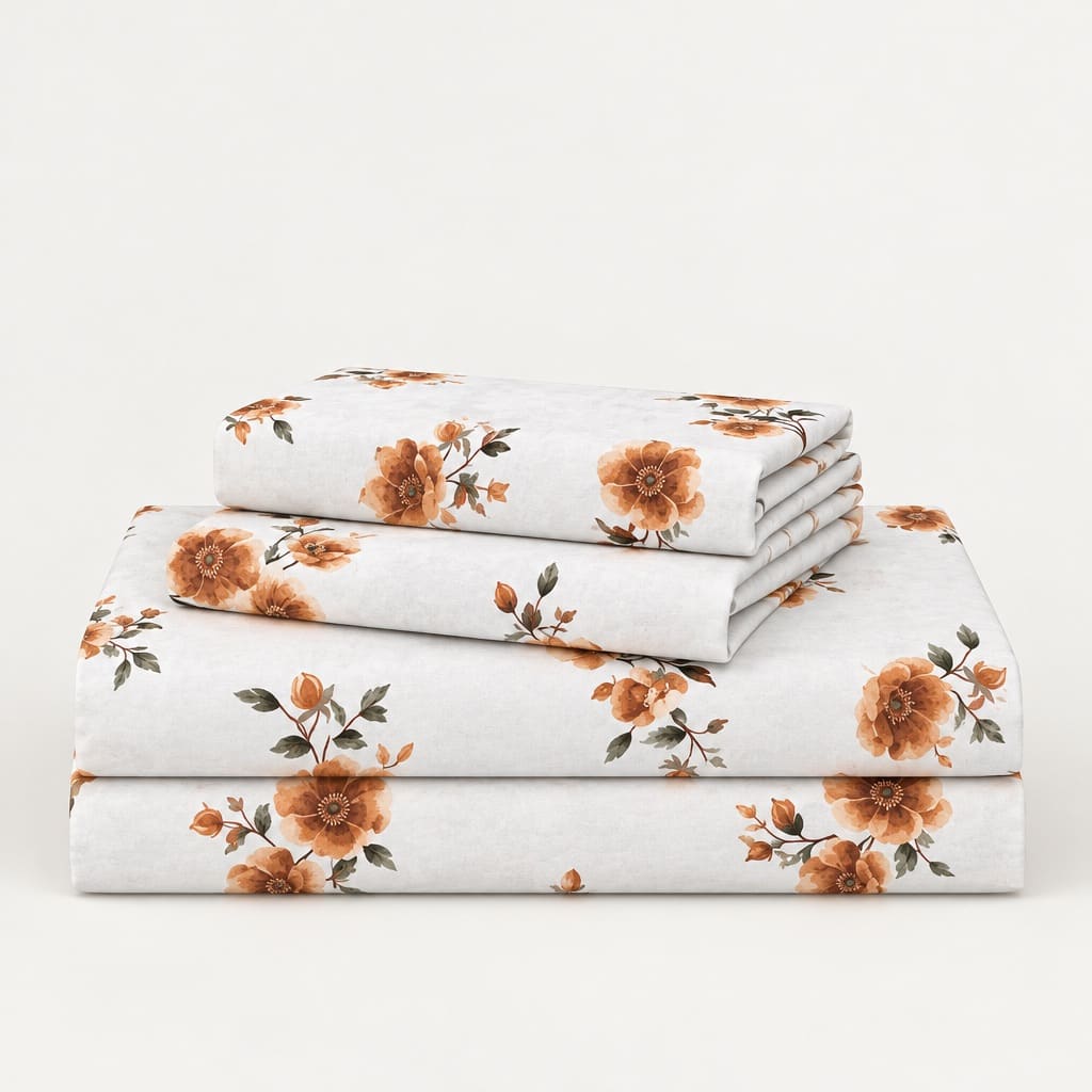 Nigella Apricot Floral 250TC Cotton Percale Super King Bed Sheet - Home Artisan