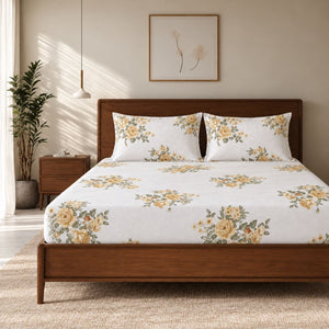 Petunia Yellow Rose Bouquet 250TC Cotton Percale Super King Bed Sheet - Home Artisan
