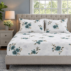 Nigella Teal Floral 250TC Cotton Percale Super King Bed Sheet - Home Artisan