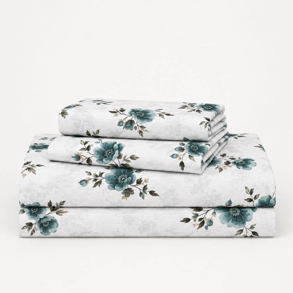 Nigella Teal Floral 250TC Cotton Percale Super King Bed Sheet - Home Artisan