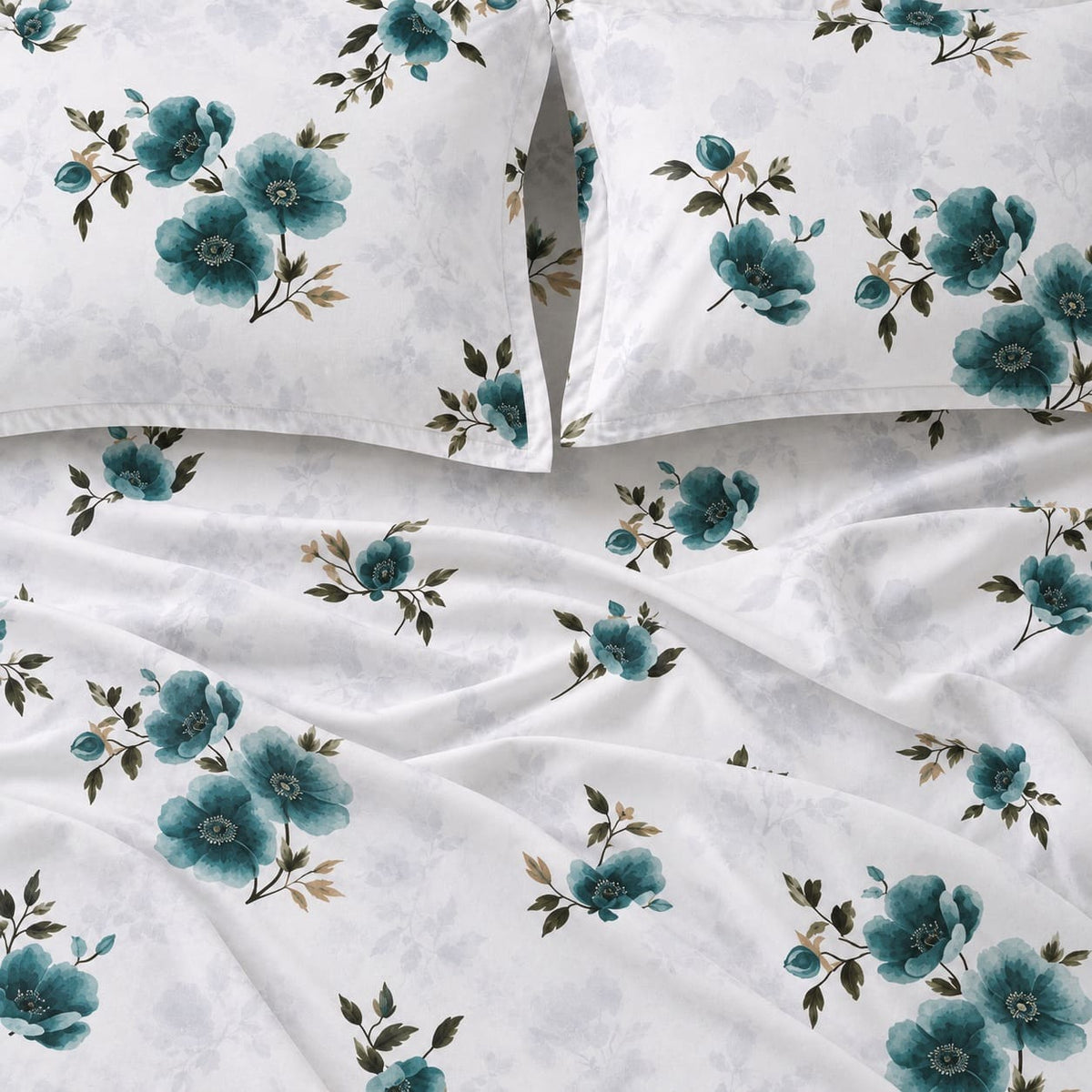 Nigella Teal Floral 250TC Cotton Percale Super King Bed Sheet - Home Artisan