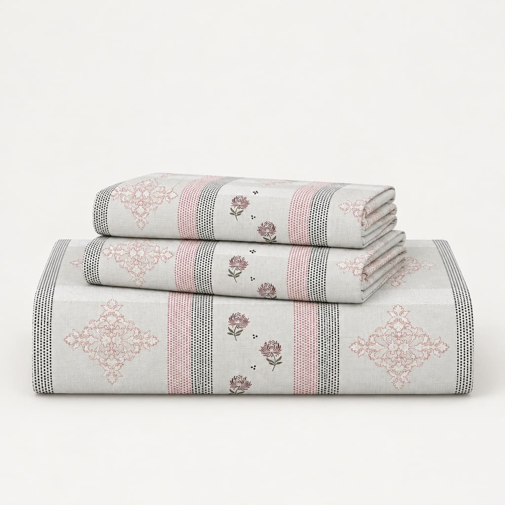 Nerine Blush Floral Stripe 250TC Cotton Percale Super King Bed Sheet - Home Artisan