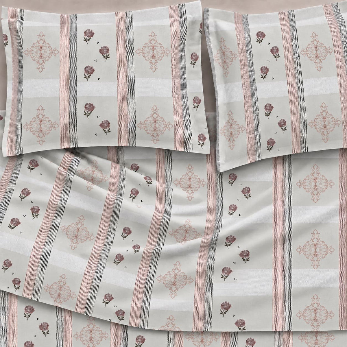 Nerine Blush Floral Stripe 250TC Cotton Percale Super King Bed Sheet - Home Artisan