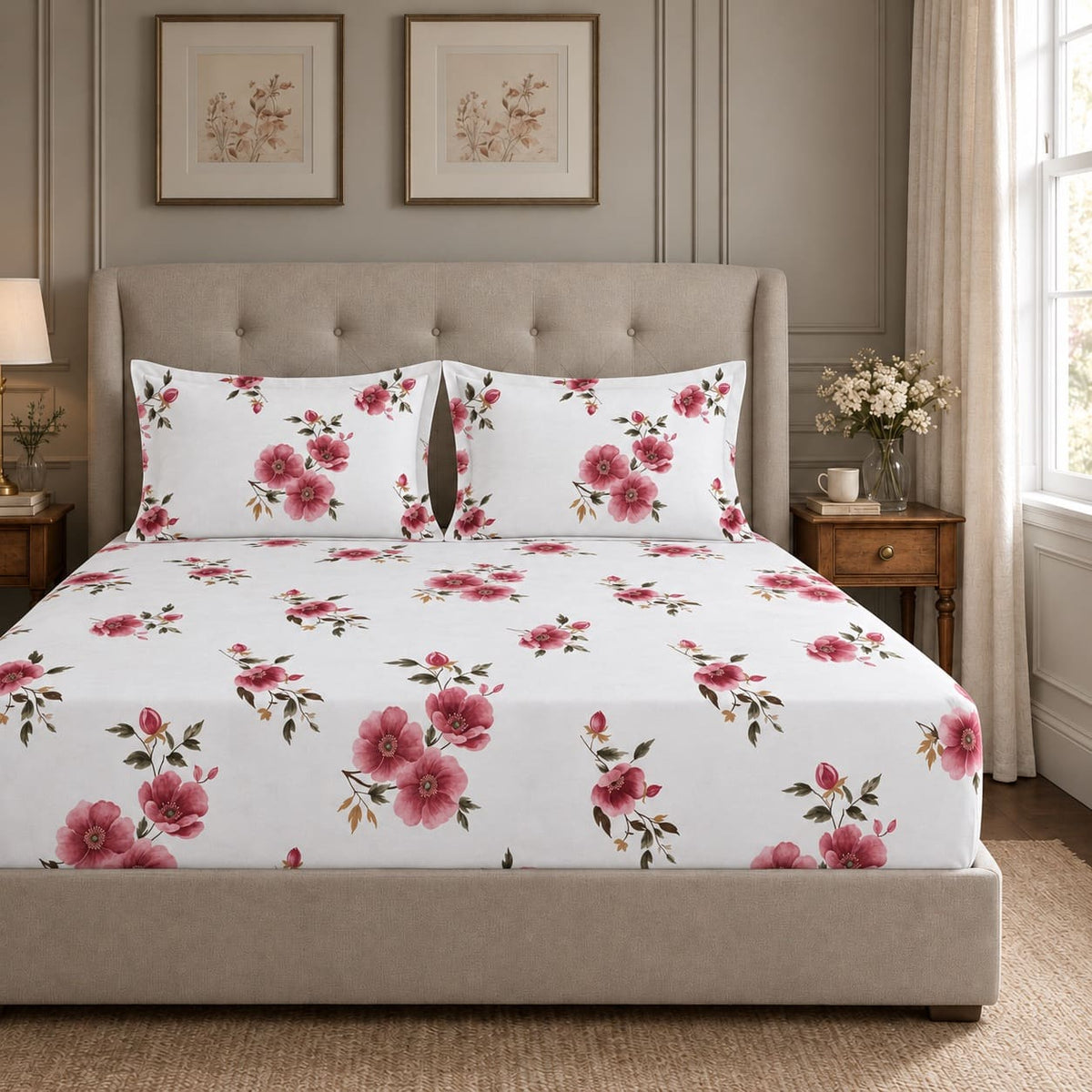 Nigella Rose Pink Floral 250TC Cotton Percale Super King Bed Sheet - Home Artisan