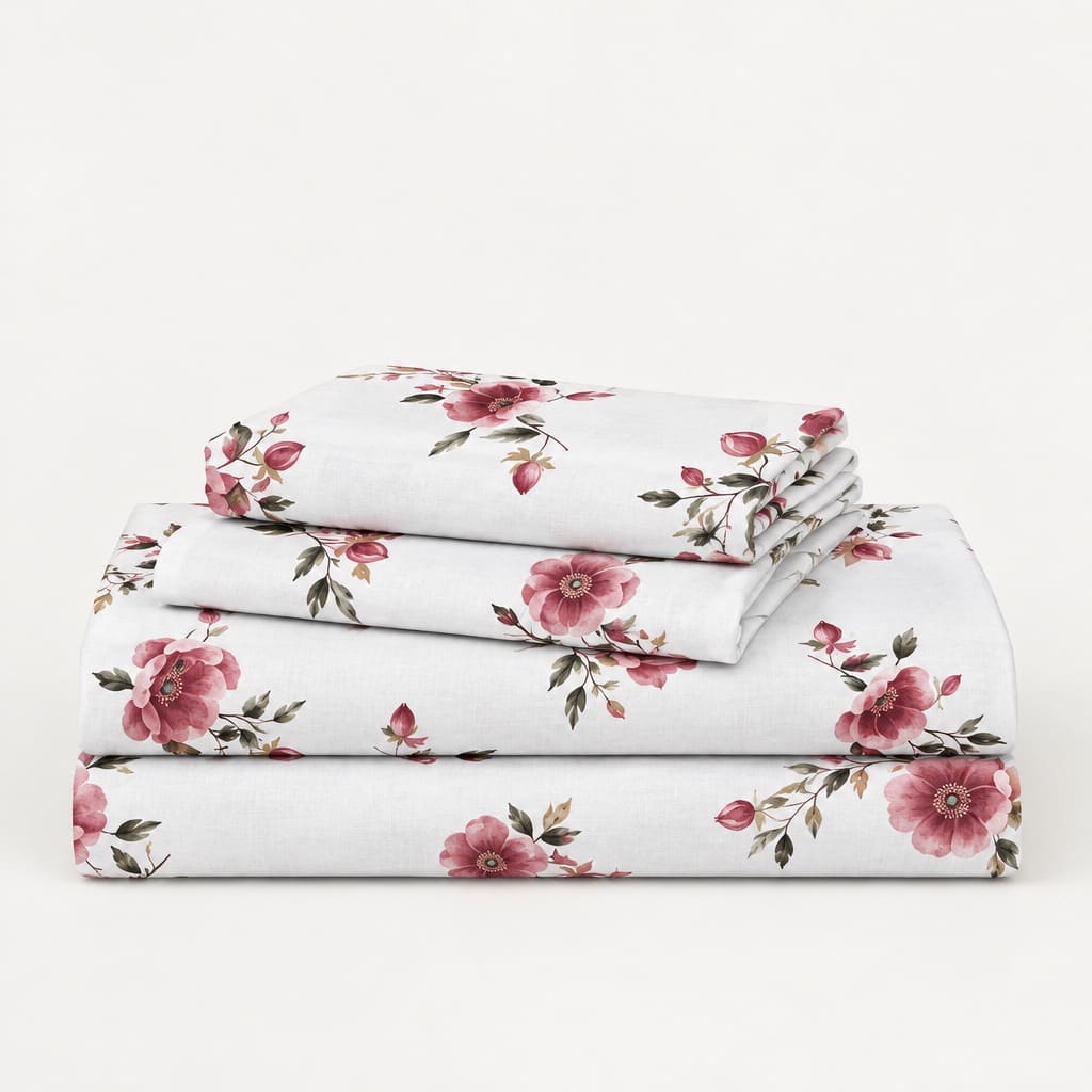 Nigella Rose Pink Floral 250TC Cotton Percale Super King Bed Sheet - Home Artisan