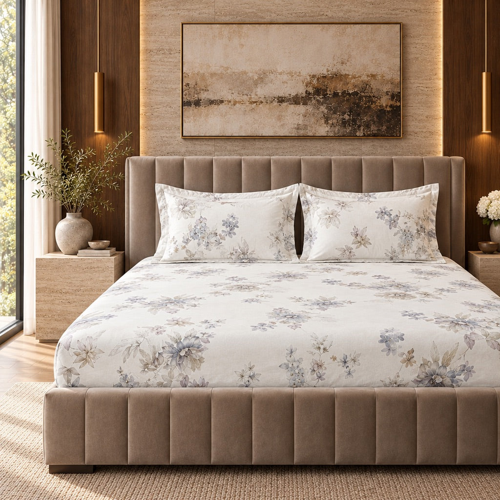 Freesia Blue & Taupe Bouquet 300TC Pure Cotton Sateen Bed Sheet - Home Artisan