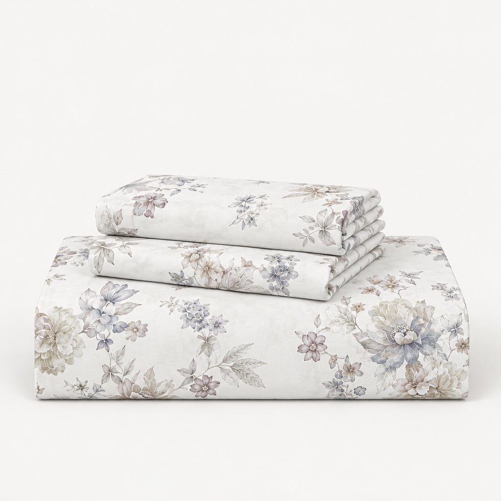 Freesia Blue & Taupe Bouquet 300TC Pure Cotton Sateen Bed Sheet - Home Artisan
