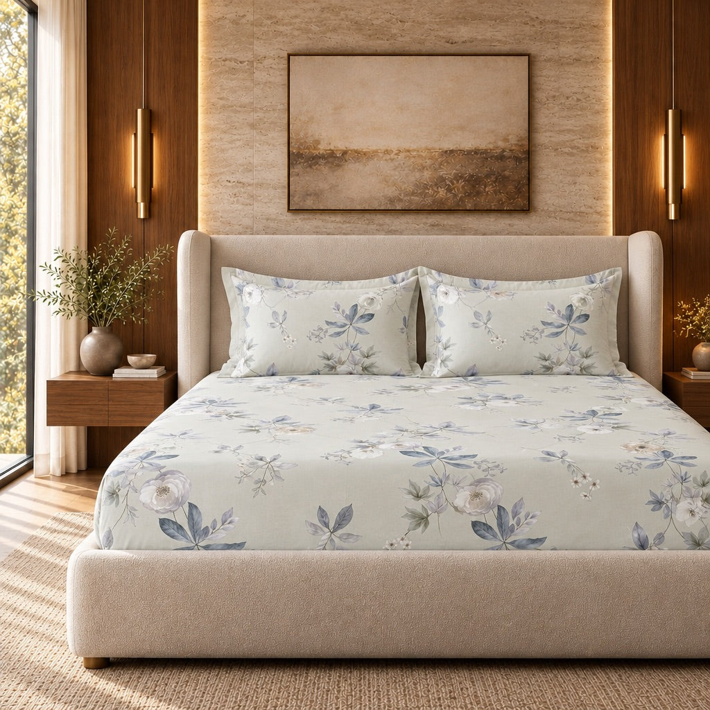 Iris Blue Leaf & Blush Floral 300TC Pure Cotton Sateen Bed Sheet - Home Artisan