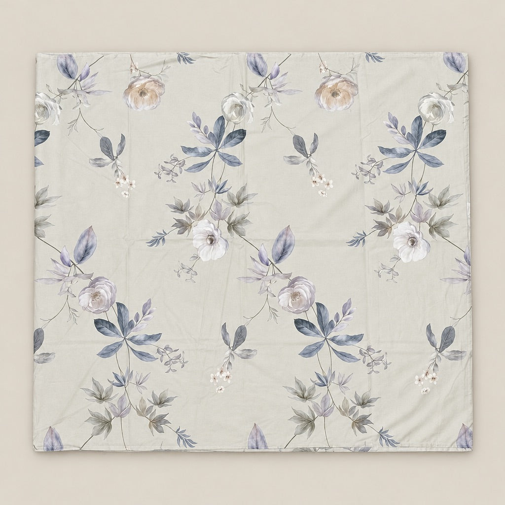 Iris Blue Leaf & Blush Floral 300TC Pure Cotton Sateen Bed Sheet - Home Artisan