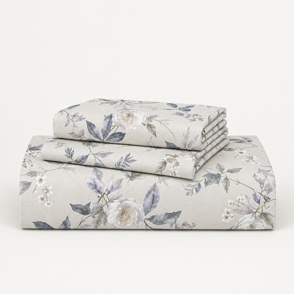 Iris Blue Leaf & Blush Floral 300TC Pure Cotton Sateen Bed Sheet - Home Artisan