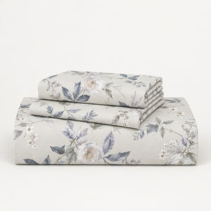 Iris Blue Leaf & Blush Floral 300TC Pure Cotton Sateen Bed Sheet - Home Artisan