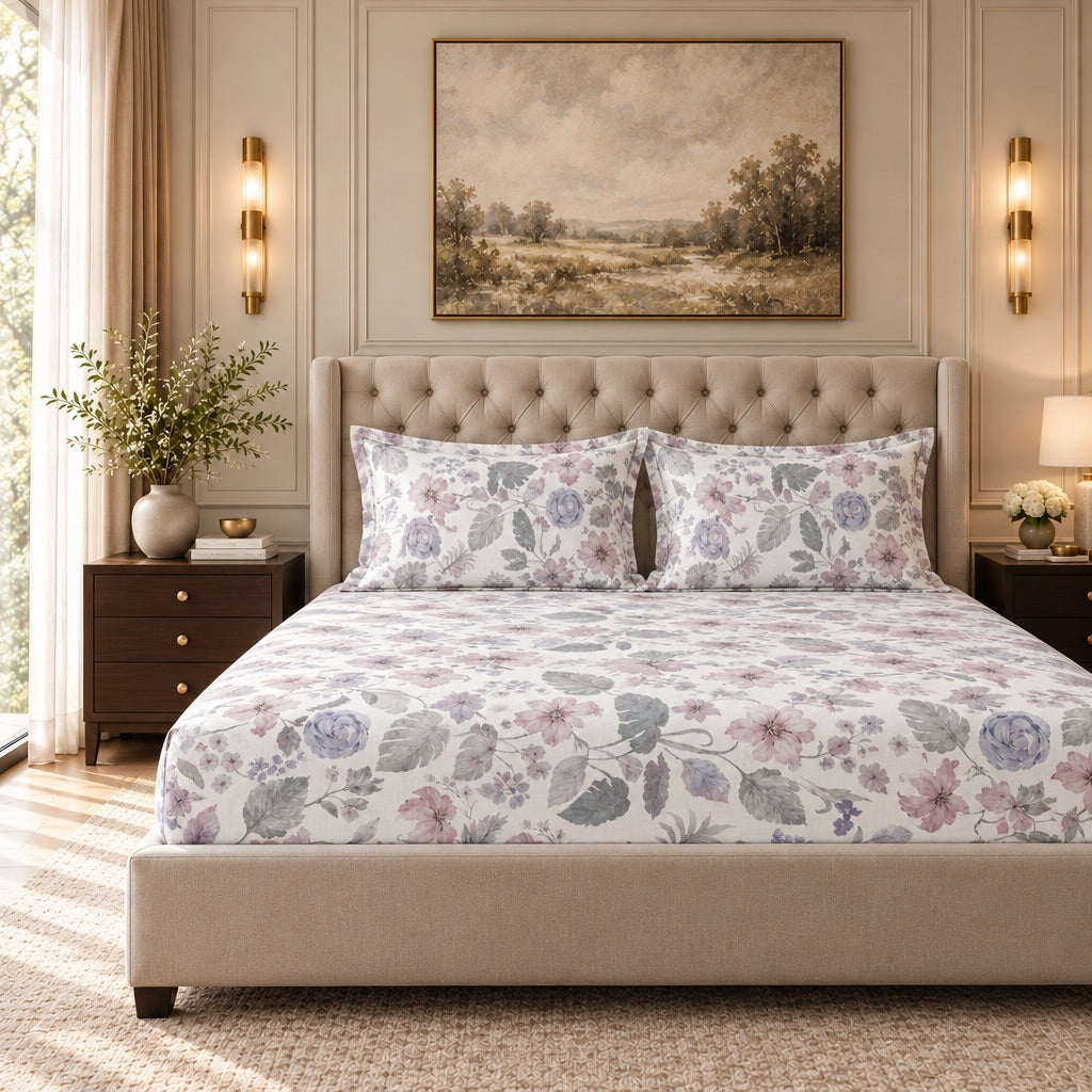 Zinnia Mauve Botanical Floral 300TC Pure Cotton Sateen Bed Sheet - Home Artisan