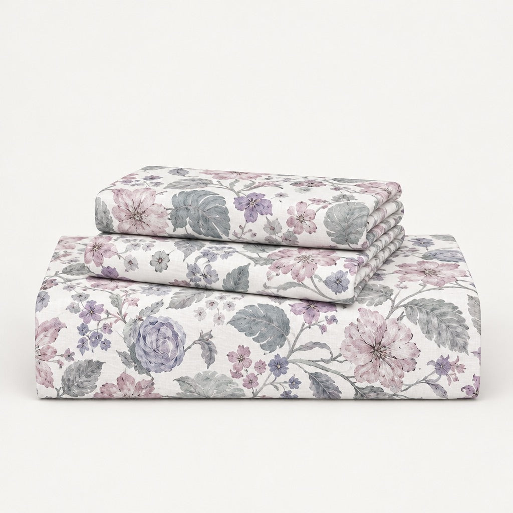 Zinnia Mauve Botanical Floral 300TC Pure Cotton Sateen Bed Sheet - Home Artisan
