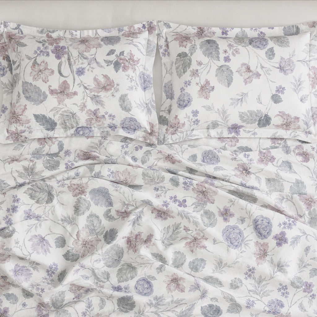 Zinnia Mauve Botanical Floral 300TC Pure Cotton Sateen Bed Sheet - Home Artisan
