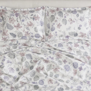 Zinnia Mauve Botanical Floral 300TC Pure Cotton Sateen Bed Sheet - Home Artisan