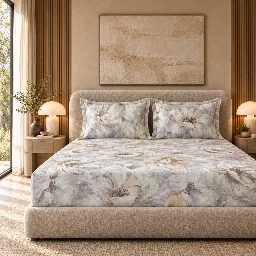 Anemone Mist Grey Oversized Floral 300TC Pure Cotton Sateen Bed Sheet - Home Artisan