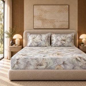 Anemone Mist Grey Oversized Floral 300TC Pure Cotton Sateen Bed Sheet - Home Artisan
