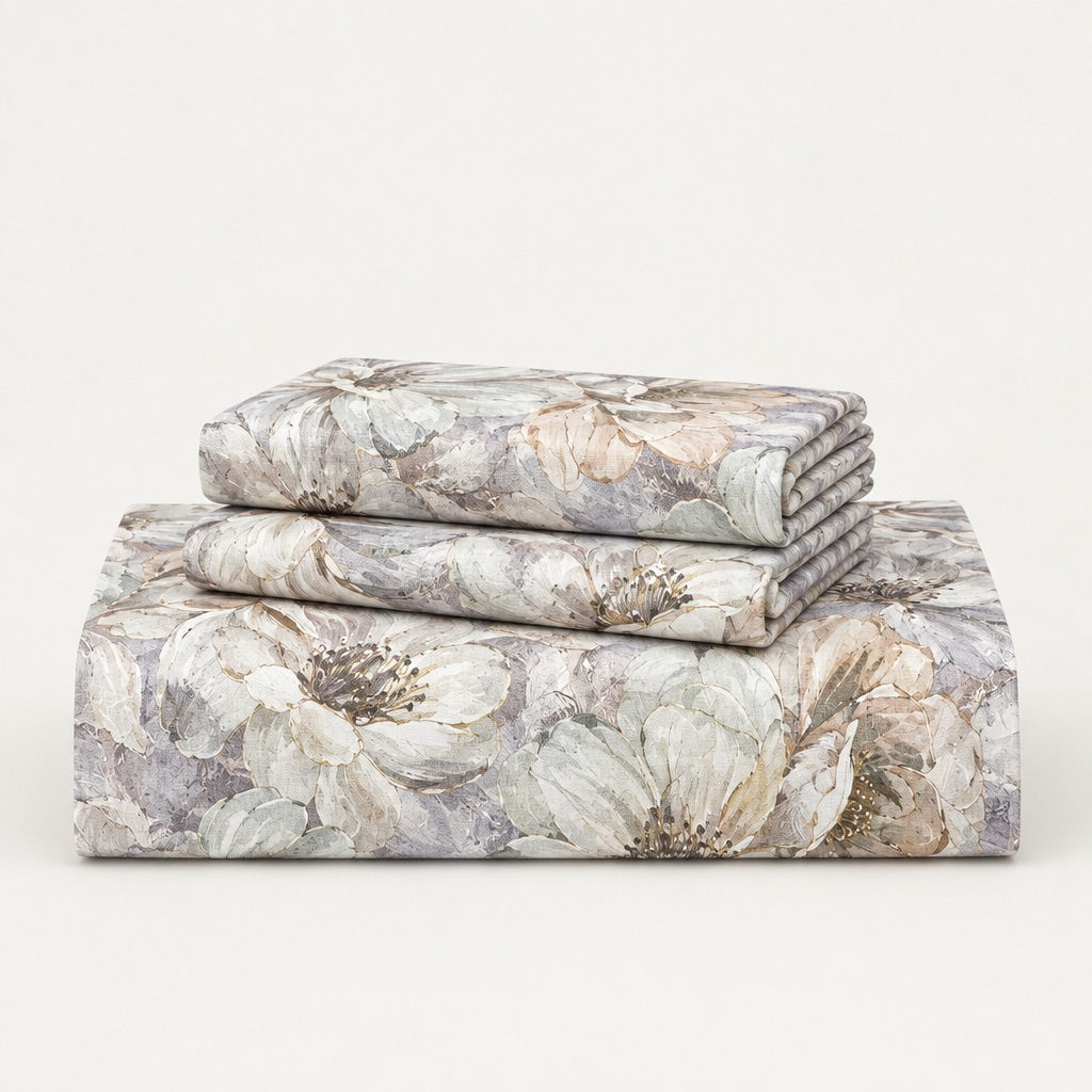 Anemone Mist Grey Oversized Floral 300TC Pure Cotton Sateen Bed Sheet - Home Artisan