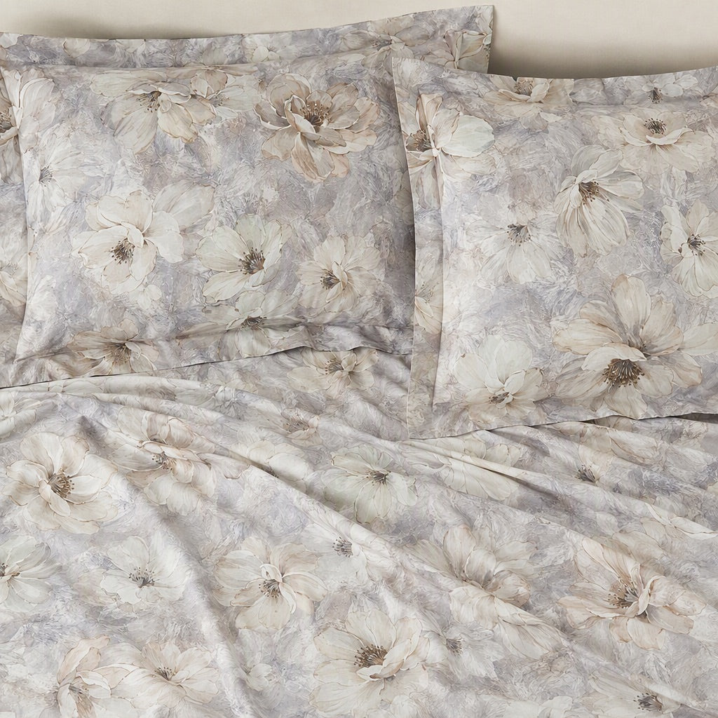 Anemone Mist Grey Oversized Floral 300TC Pure Cotton Sateen Bed Sheet - Home Artisan
