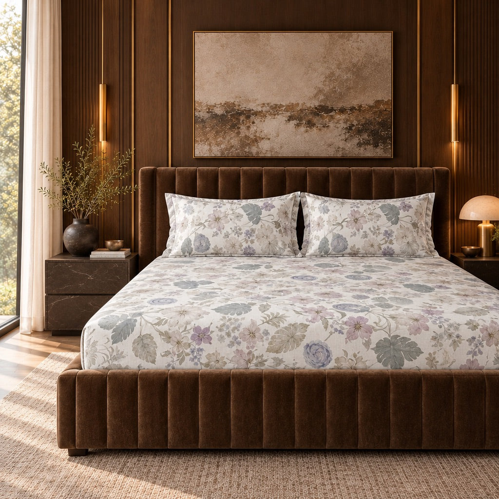 Hellebore Sage & Lilac Garden 300TC Pure Cotton Sateen Bed Sheet - Home Artisan