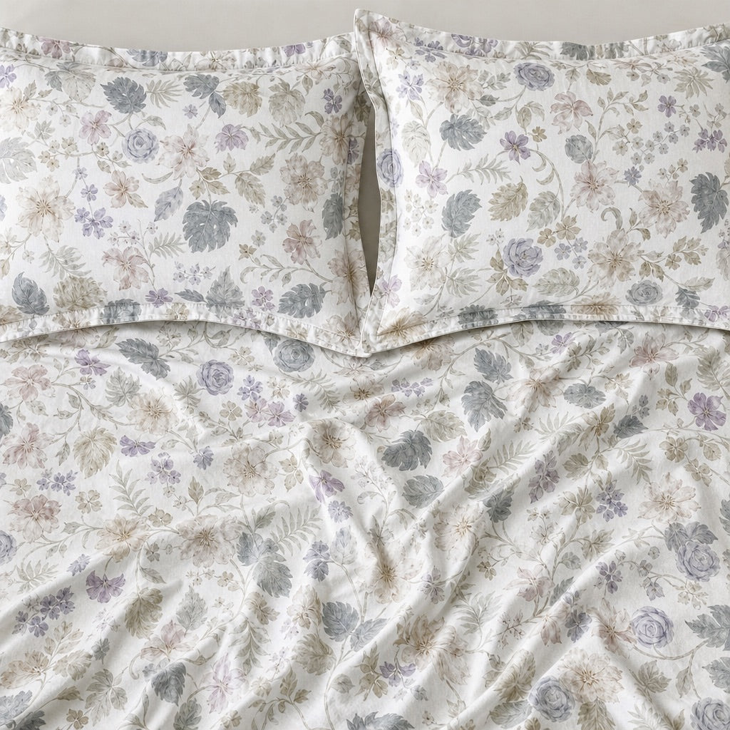 Hellebore Sage & Lilac Garden 300TC Pure Cotton Sateen Bed Sheet - Home Artisan