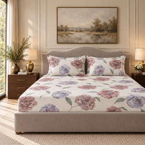 Peony Dusty Rose & Lilac Floral 300TC Pure Cotton Sateen Bed Sheet - Home Artisan