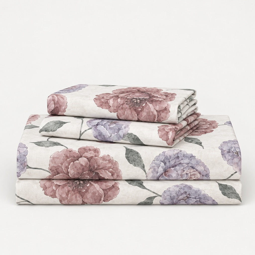 Peony Dusty Rose & Lilac Floral 300TC Pure Cotton Sateen Bed Sheet - Home Artisan