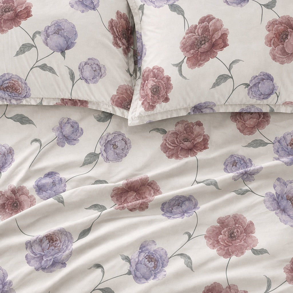 Peony Dusty Rose & Lilac Floral 300TC Pure Cotton Sateen Bed Sheet - Home Artisan