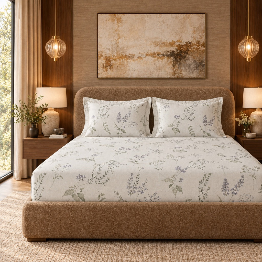 Lavender Ivory Meadow Sprig 300TC Pure Cotton Sateen Bed Sheet - Home Artisan