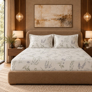 Lavender Ivory Meadow Sprig 300TC Pure Cotton Sateen Bed Sheet - Home Artisan