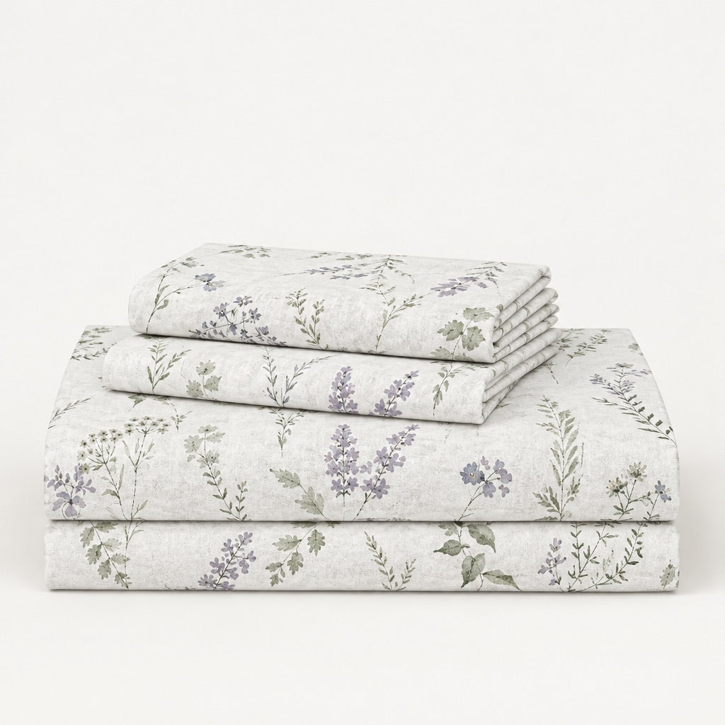 Lavender Ivory Meadow Sprig 300TC Pure Cotton Sateen Bed Sheet - Home Artisan