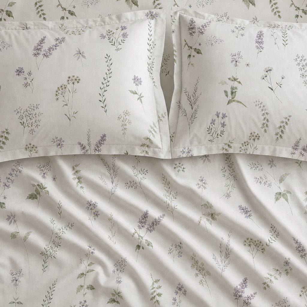 Lavender Ivory Meadow Sprig 300TC Pure Cotton Sateen Bed Sheet - Home Artisan