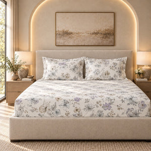 Delphine Lilac & Taupe Floral 300TC Pure Cotton Sateen Bed Sheet - Home Artisan