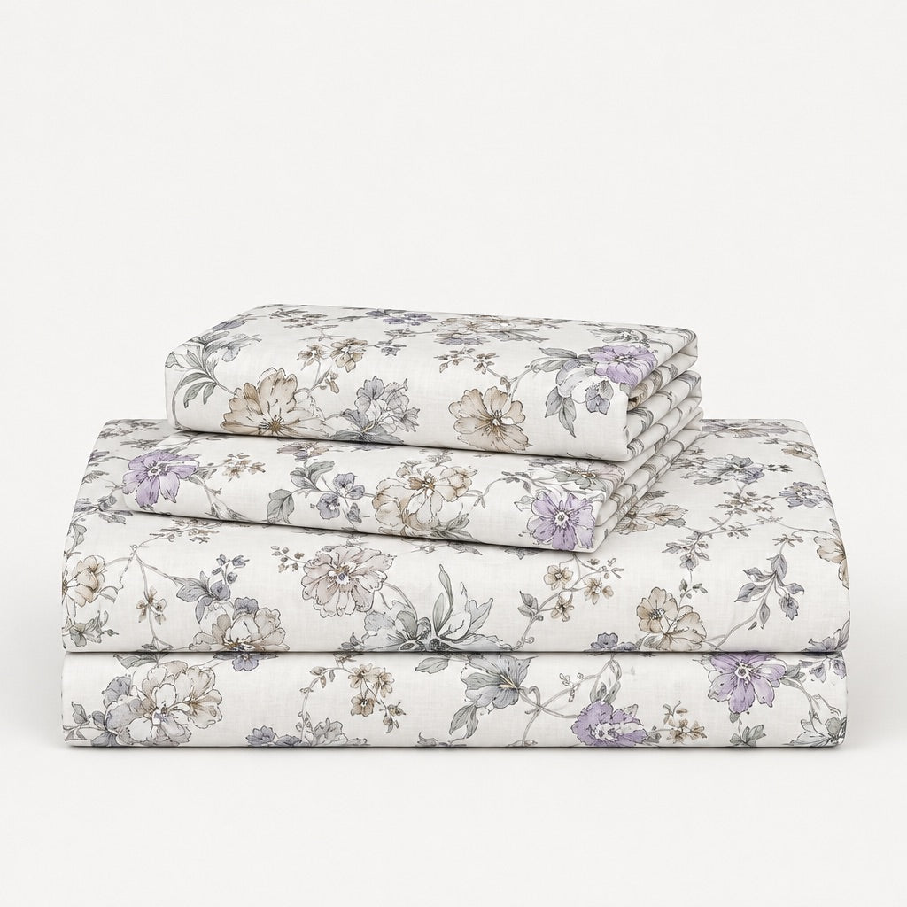 Delphine Lilac & Taupe Floral 300TC Pure Cotton Sateen Bed Sheet - Home Artisan