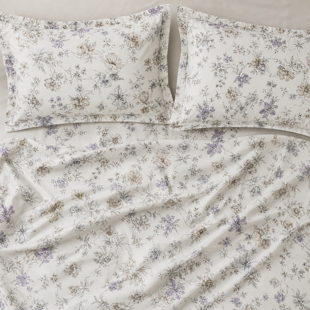 Delphine Lilac & Taupe Floral 300TC Pure Cotton Sateen Bed Sheet - Home Artisan