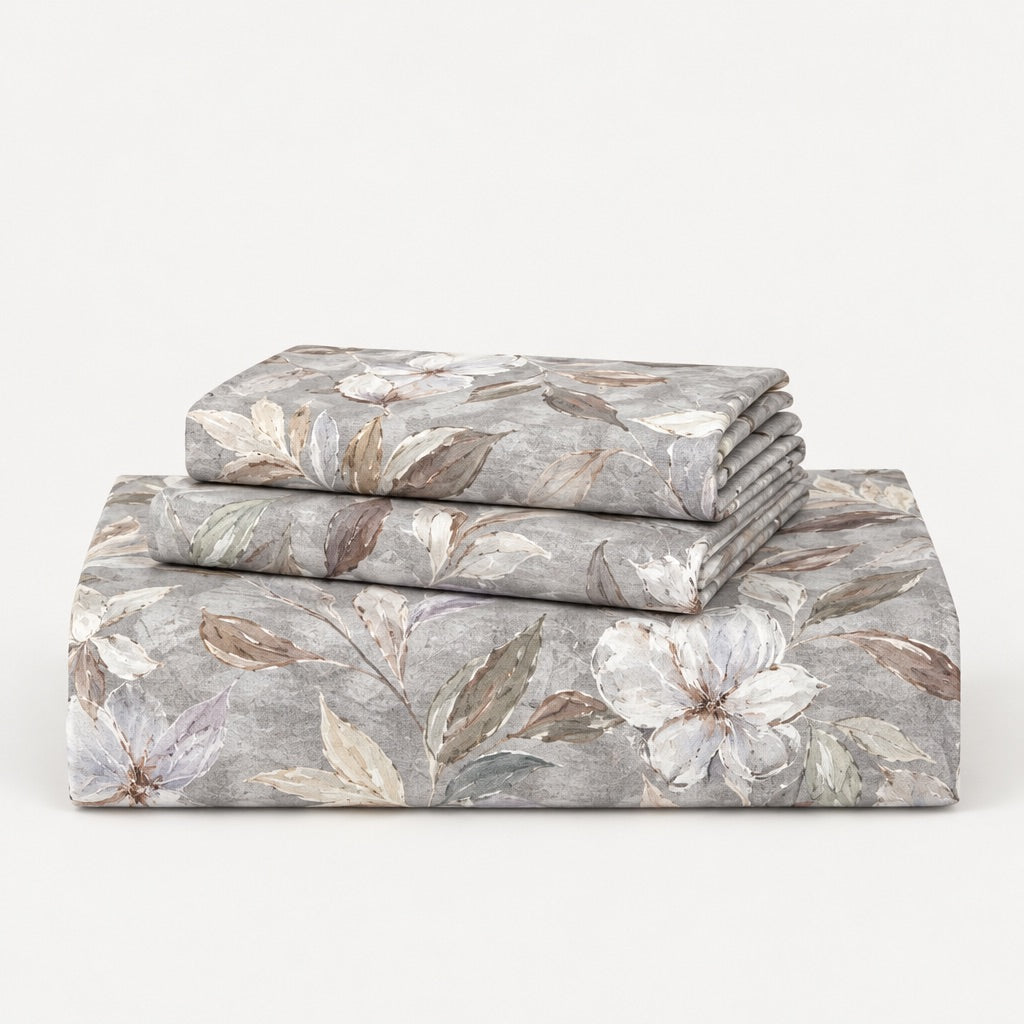 Amaryllis Grey Botanical Bloom 300TC Pure Cotton Sateen Bed Sheet - Home Artisan