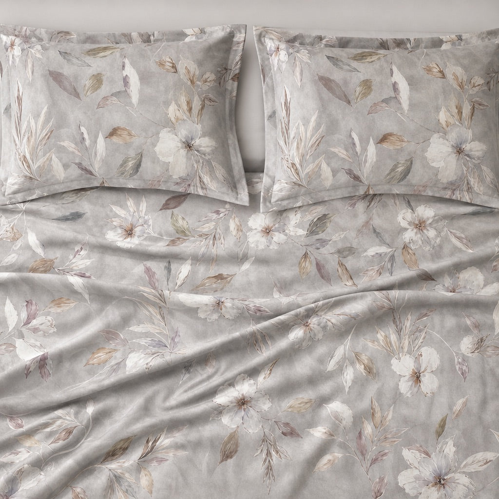 Amaryllis Grey Botanical Bloom 300TC Pure Cotton Sateen Bed Sheet - Home Artisan