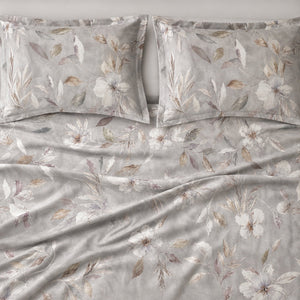 Amaryllis Grey Botanical Bloom 300TC Pure Cotton Sateen Bed Sheet - Home Artisan
