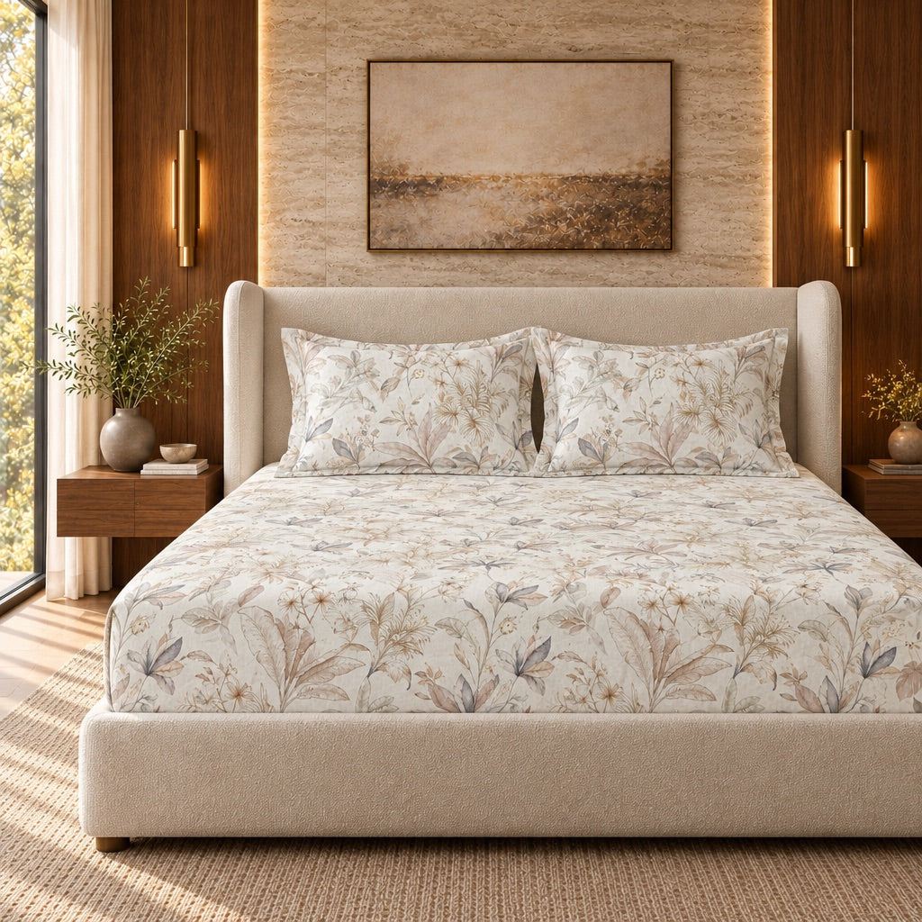 Cosmos Neutral Meadow Botanical 300TC Pure Cotton Sateen Bed Sheet - Home Artisan