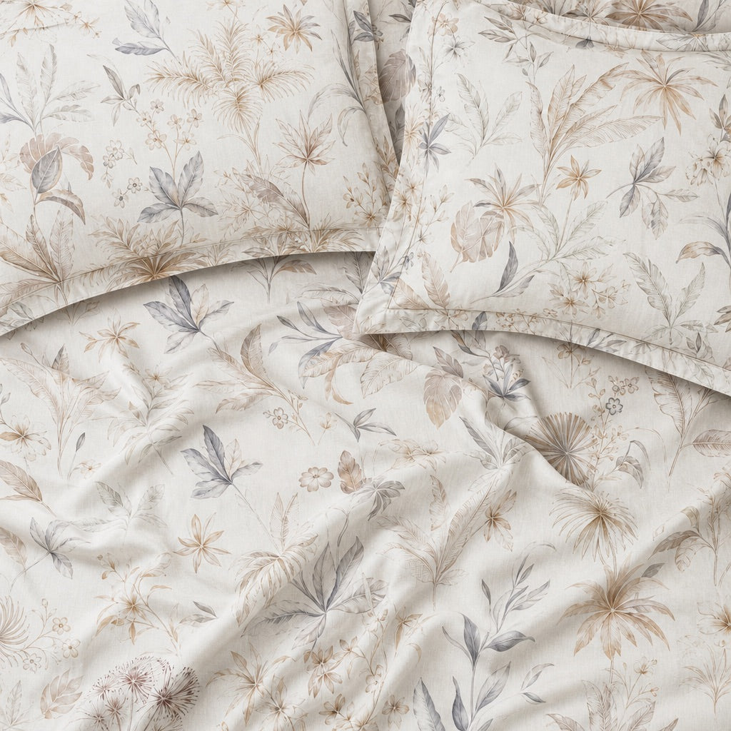 Cosmos Neutral Meadow Botanical 300TC Pure Cotton Sateen Bed Sheet - Home Artisan
