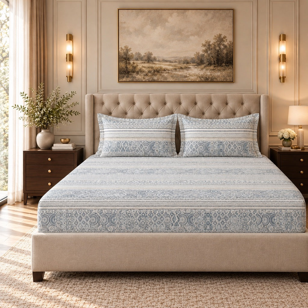 Calla Blue-Grey Geometric Stripe 300TC Pure Cotton Sateen Bed Sheet - Home Artisan