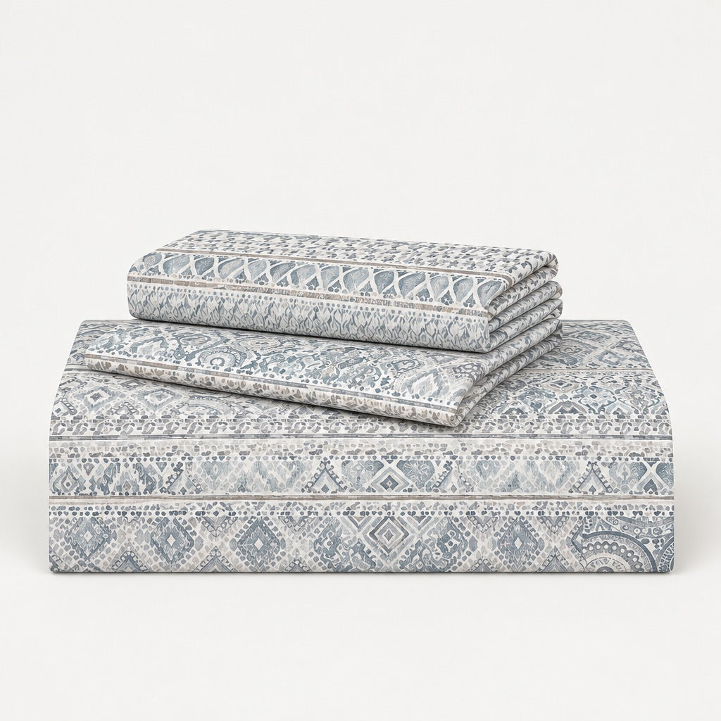 Calla Blue-Grey Geometric Stripe 300TC Pure Cotton Sateen Bed Sheet - Home Artisan